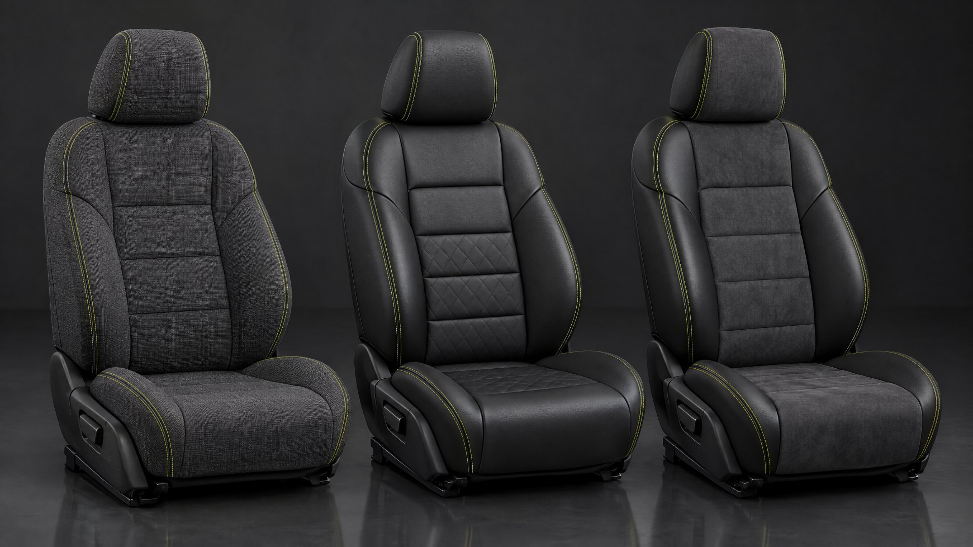 Drie autostoelen naast elkaar met stoelhoezen van stof, skai leer en skai leer met alcantara