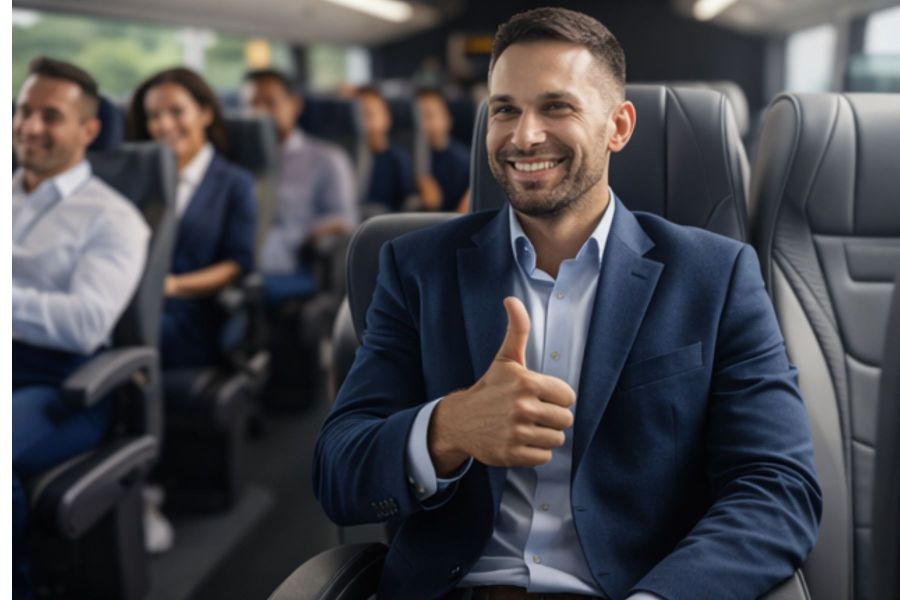 Tevreden passagier op een nieuwe busstoel